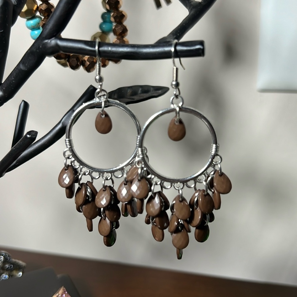 Brown Bead Dangle Earrings.  2” Drop